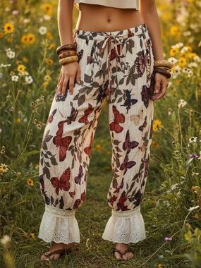 Butterfly Print Cream Wide-Leg Pants, bloomers with Lace Hem